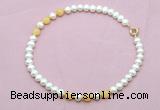 CFN740 9mm - 10mm potato white freshwater pearl & honey jade necklace