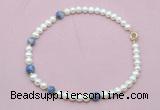 CFN742 9mm - 10mm potato white freshwater pearl & blue spot stone necklace