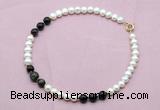 CFN751 9mm - 10mm potato white freshwater pearl & golden obsidian necklace