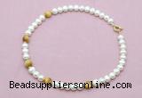 CFN765 9mm - 10mm potato white freshwater pearl & golden tiger eye necklace