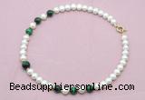 CFN768 9mm - 10mm potato white freshwater pearl & green tiger eye necklace