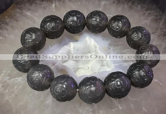 CGB3000 7.5 inches 17mm - 18mm carved round grey agate bracelet