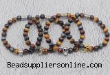 CGB6027 8mm round grade AA colorful tiger eye bracelet with skull for men