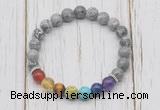 CGB6234 8mm grey picture jasper 7 chakra beaded mala stretchy bracelets