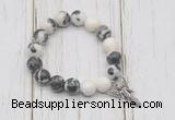 CGB6884 10mm, 12mm black & white jasper beaded bracelet with alloy pendant