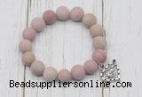 CGB6900 10mm, 12mm matte pink wooden jasper beaded bracelet with alloy pendant