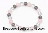 CGB8001 8mm white crystal, rose quartz & smoky quartz beaded stretchy bracelets