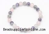 CGB8003 8mm black rutilated quartz, dogtooth amethyst & rose quartz beaded stretchy bracelets