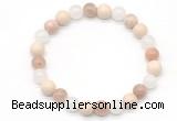 CGB8015 8mm white jade, white fossil jasper & sunstone beaded stretchy bracelets