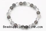 CGB8018 8mm white crystal, black rutilated quartz & smoky quartz beaded stretchy bracelets