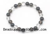 CGB8021 8mm white crystal, smoky quartz & black agate beaded stretchy bracelets