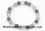 CGB8022 8mm white crystal, cloudy quartz & black labradorite beaded stretchy bracelets