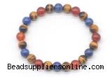 CGB8029 8mm yellow tiger eye, lapis lazuli & red agate beaded stretchy bracelets