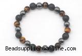 CGB8042 8mm black lava, hematite & yellow tiger eye beaded stretchy bracelets