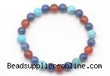 CGB8092 8mm lapis lazuli, blue howlite & red agate beaded stretchy bracelets