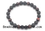 CGB8095 8mm black lava, matte black agate & red tiger eye beaded stretchy bracelets