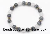 CGB8123 8mm snowflake obsidian, white jade & hematite power beads bracelet