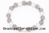 CGB8141 8mm matte grey agate, white crystal & hematite power beads bracelet