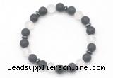 CGB8144 8mm matte black agate, white crystal & hematite power beads bracelet