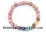 CGB8307 8mm matte pink wooden jasper 7 chakra beaded mala stretchy bracelets