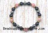 CGB8371 8mm pink wooden jasper, black onyx & hematite energy bracelet