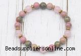 CGB8445 8mm pink wooden jasper, unakite, rose quartz & hematite power beads bracelet