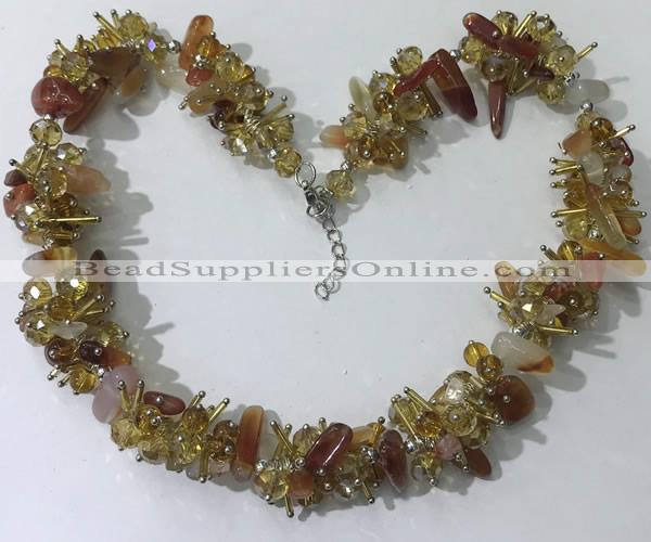 CGN410 19.5 inches chinese crystal & red agate chips beaded necklaces