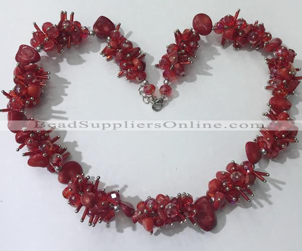 CGN419 19.5 inches chinese crystal & coral chips beaded necklaces