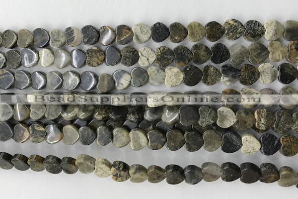 CHG112 15.5 inches 6mm flat heart black silver leaf beads wholesale