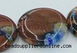 CLG555 16 inches 20mm flat round goldstone & lampwork glass beads