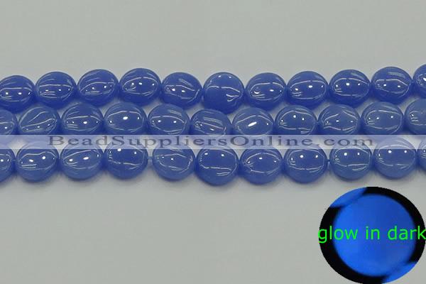 CLU173 15.5 inches 14mm flat round blue luminous stone beads