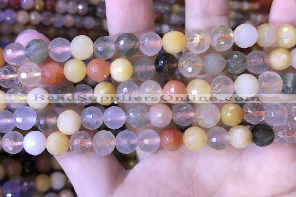 CMQ437 15.5 inches 8mm faceted round mixed rutilated quartz beads