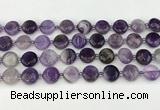 CNA1186 15.5 inches 12mm flat round amethyst beads wholesale