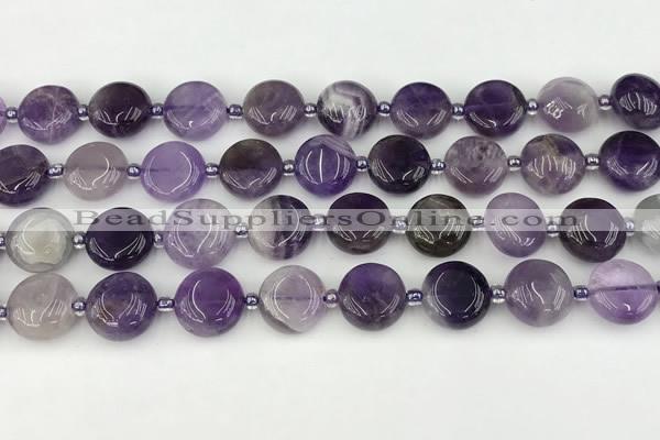 CNA1186 15.5 inches 12mm flat round amethyst beads wholesale