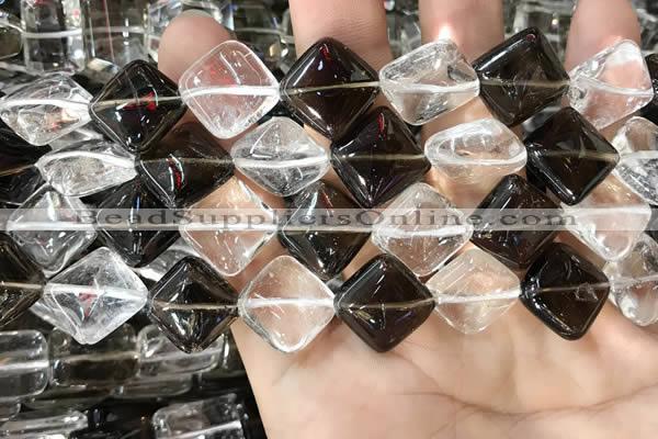 CNC825 15.5 inches 14*14mm diamond white crystal & smoky quartz beads