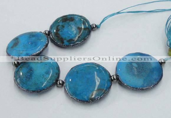 CNG2300 7.5 inches 35mm flat round agate beads with brass setting