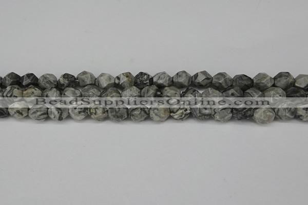 CNG6127 15.5 inches 8mm faceted nuggets grey picture jasper beads