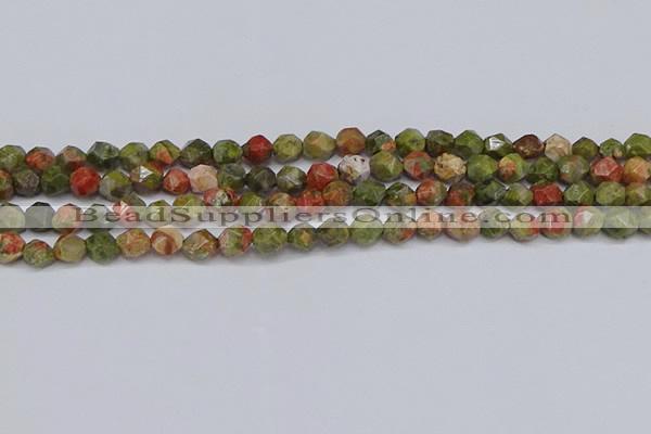 CNG6254 15.5 inches 6mm faceted nuggets unakite beads wholesale