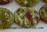 CNS628 15.5 inches 30mm flat round green dragon serpentine jasper beads