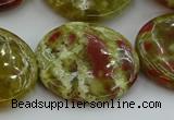 CNS629 15.5 inches 35mm flat round green dragon serpentine jasper beads