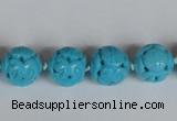 CNT09 16 inches 14mm carved round natural turquoise beads wholesale