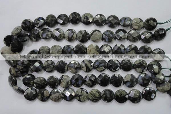 COP482 15.5 inches 15mm faceted coin natural grey opal beads