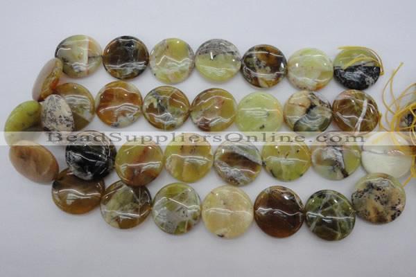 COP596 15.5 inches 25mm flat round natural yellow & green opal beads