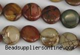 CPJ351 15.5 inches 14mm flat round picasso jasper gemstone beads