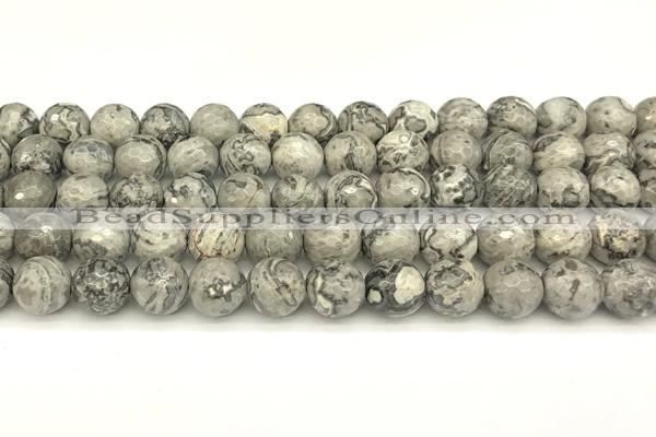 CPJ726 15 inches 8mm faceted round grey picture jasper beads