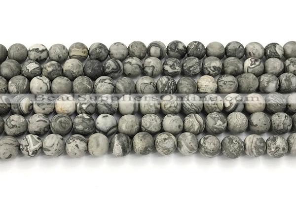 CPJ742 15 inches 8mm round matte grey picture jasper beads