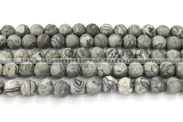 CPJ743 15 inches 10mm round matte grey picture jasper beads