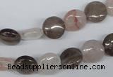 CPQ101 10mm flat round natural pink crystal & smoky quartz beads