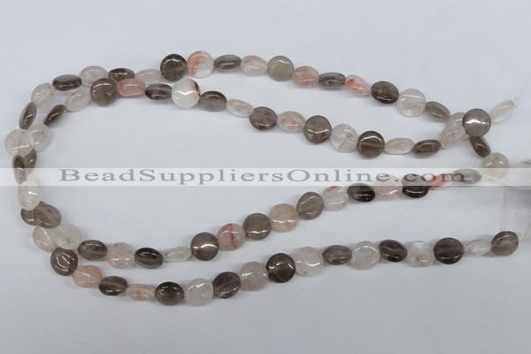 CPQ101 10mm flat round natural pink crystal & smoky quartz beads