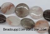 CPQ102 16mm flat round natural pink crystal & smoky quartz beads